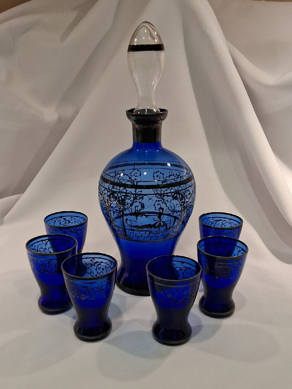 Cobalt Blue Glass Decanter Set with Stopper and Etched Floral Design
